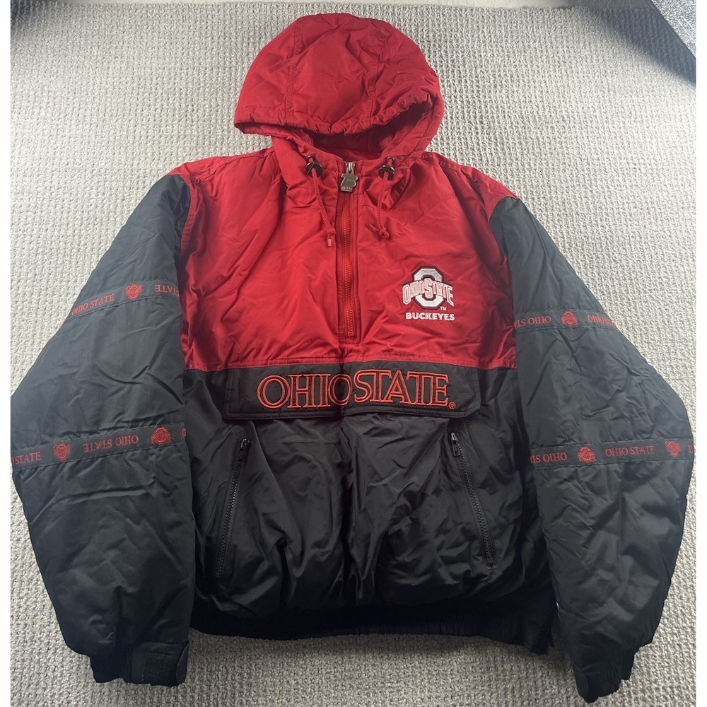 Vtg 90s Ohio State Buckeyes Turbo Sportswear Puffer Jacket 1/2‎ Zip Hood Men's L